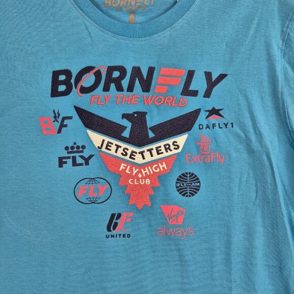Born Fly Men's T-Shirt Size L Embroidery Blue Cloud Hoppers Airlines (42) - Picture 2 of 8